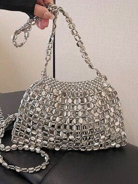 Silver Beaded Mesh Shoulder Bag - Fashion Brand